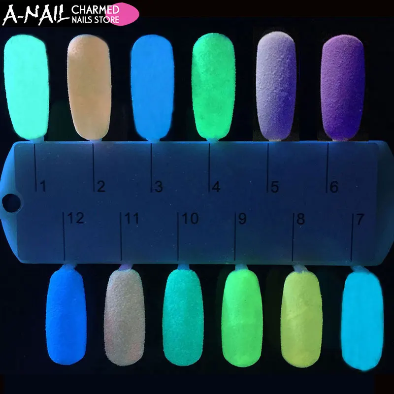 12 الألوان/مجموعة مضيئة مسمار الفن مسحوق توهج في الظلام طويلة الأمد بريق الفلورسنت تأثير الغبار النيون الفوسفور الأظافر الصباغ
