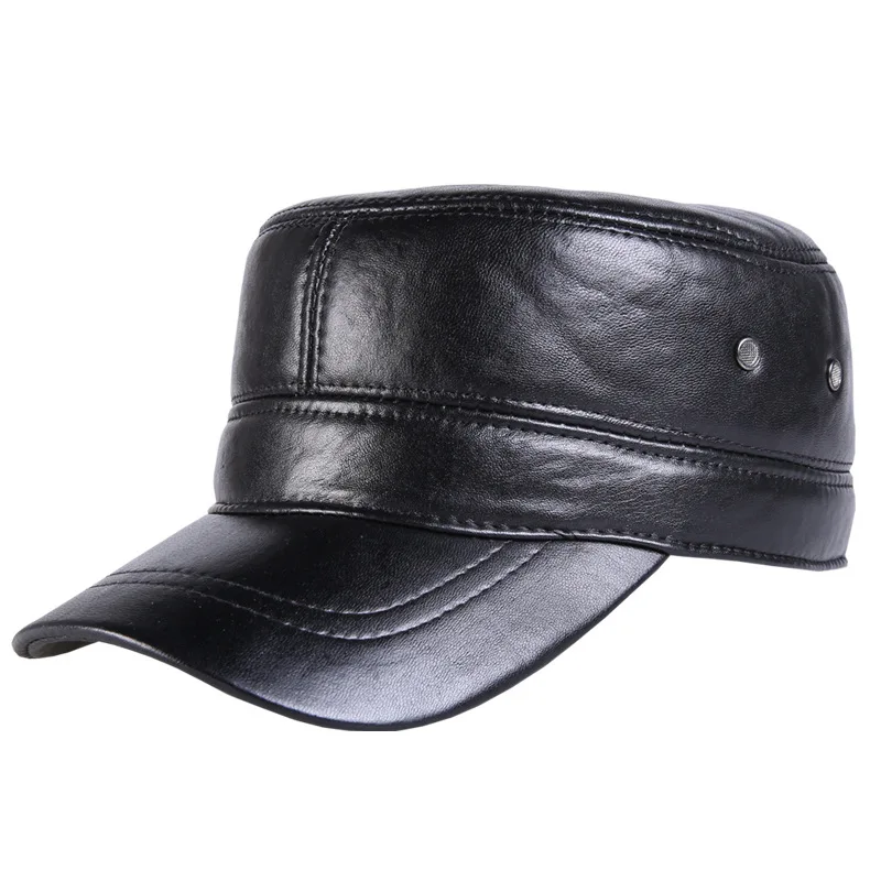 

New Leather Hat Middle-aged Man Autumn Winter Sheepskin Visor Hats Old Man Flat Top Fashion High Quality Warm Cotton Cap H7014