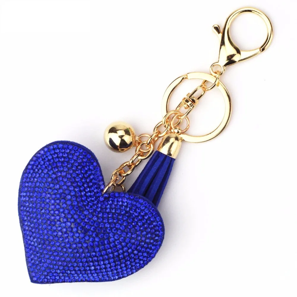 

Love Heart Full Crystal Key Ring Sweet Women Handbag Pendant Charms Long Tassel Golden Chain Key Holder 6 Colors