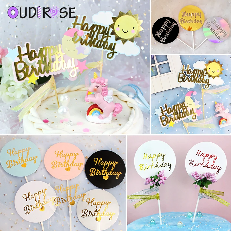 

OUDIROSE Golden Silver Cupcake Toppers Family Reunion Happy Birthday Cake Topper Wedding Baking Decoration gateau anniversaire