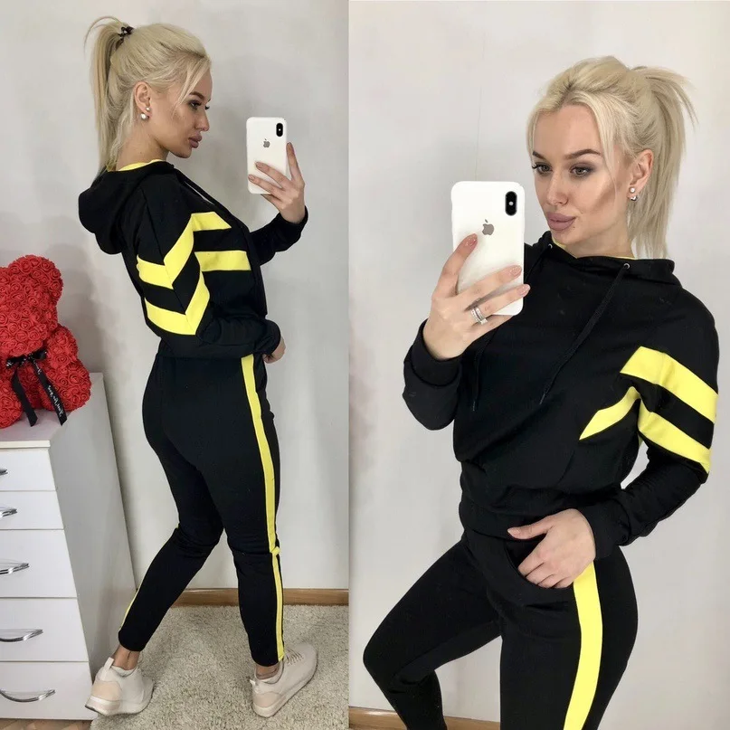 Hoodies Women Winter Harajuku Hoodie Sweatshirts 2pcs Tracksuit Set Tops and Pants Side Stripe Female Clothing Suits Activewear