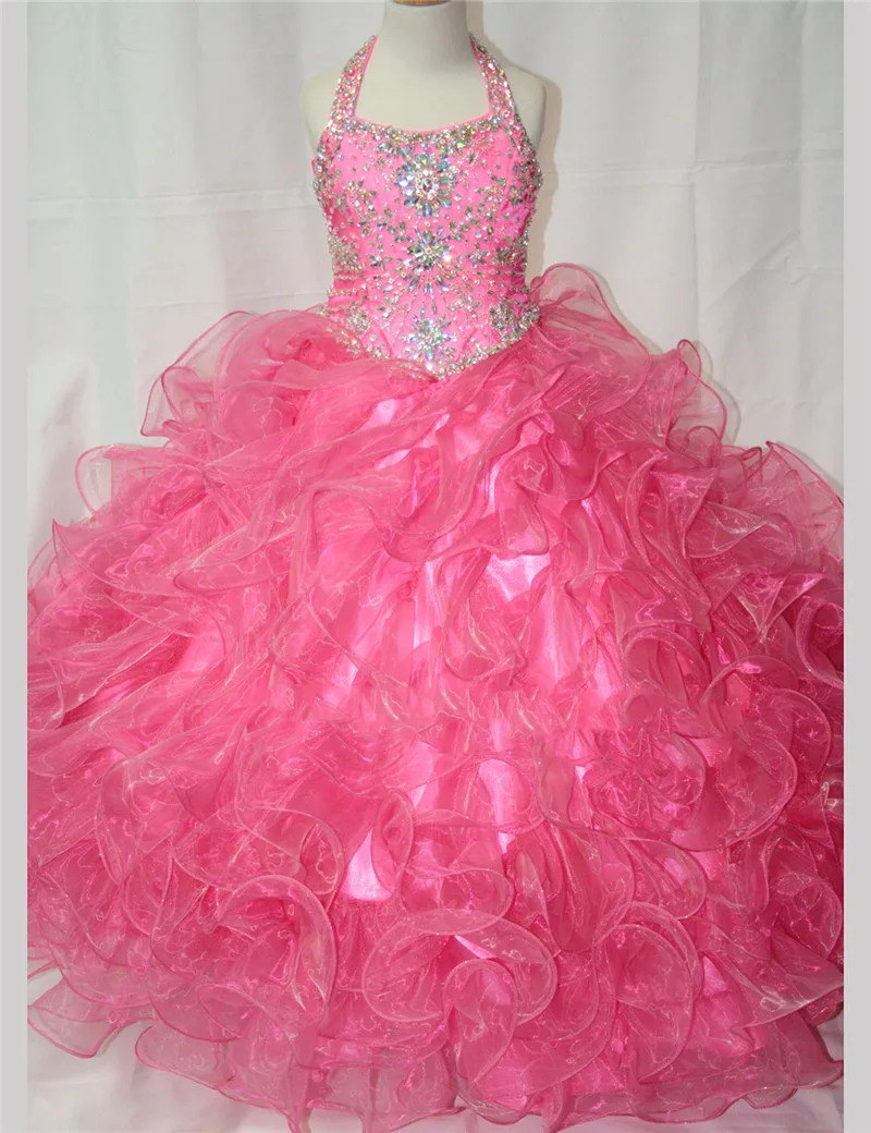 2015 Halter Crystal Beading Long Kids Party Children Gowns Hand