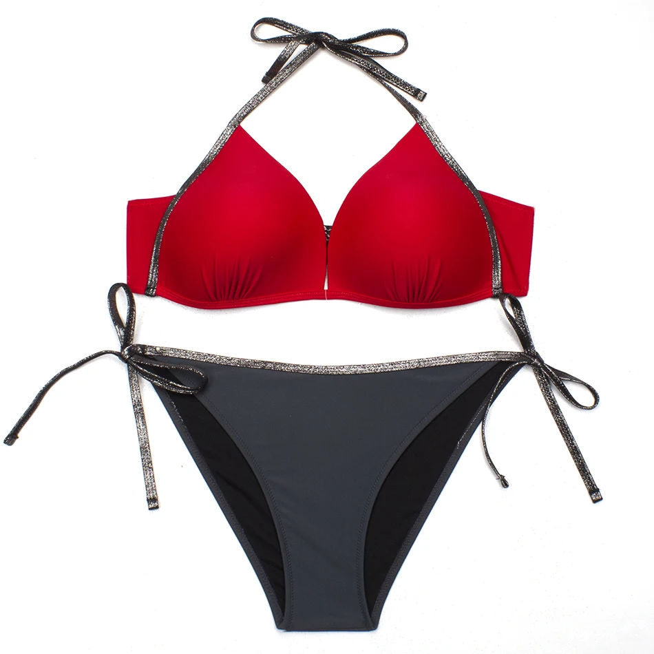 ESSV Red Patchwork Bikini Set Women Push Up Swimsuit Padded Swimwear Halter Summer Swimming Suit Bather Beachwear Biquini XXL