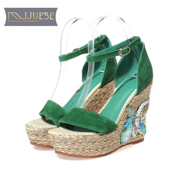 

MLJUESE 2018 women sandals Kid Suede floral green color ankle strap wedges sandals fisherman shoes platform beaches sandals