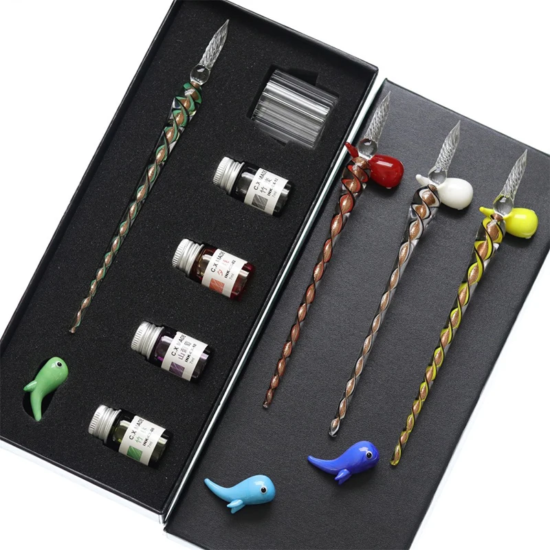 

Handmade Glass Pen Gift Box Golden and Pastel Ink Pen Set Students Dip Ink Pen with Creative Glass