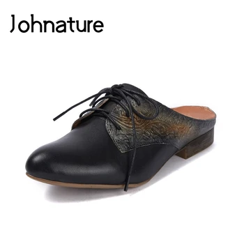 

Johnature 2020 New Summer Genuine Leather Outside Slipper Totem Cross-tied Retro Square Heel Solid Sandals Women Shoes Slides