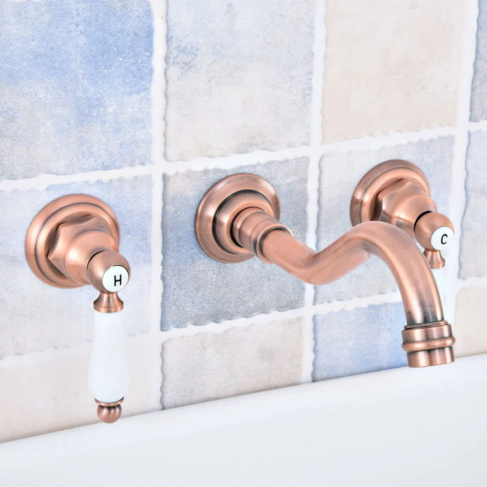 Antique Copper 8-inch Widespread Wall Mount Bathroom Faucet Basin Mixer Tap Dual Handles Tub Sink Mixer Tap