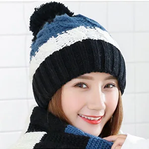 Best Winter Gift To Mother Girl Blue White Red Ladies Woolen Scarfs And Caps Sets Fashion Warm Wool Knitted Women Scarves Hats - Цвет: Blue Black Cap