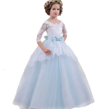 Высококачественная кружевная детская одежда с вышитыми цветами; Элегантное свадебное платье для девочек с бантом, стразы, пояс; вечерние длинные платья для девочек