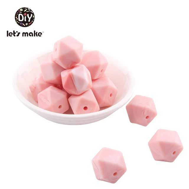 Let's Make Silicone Beads Hexagon Beads 14mm 10pc Food Grade Silicone Teether DIY Pacifier Clips Beads Necklace Baby Teether Marble Pink