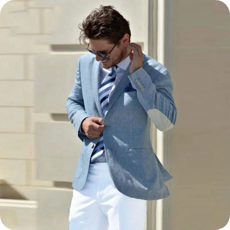 Elbow Patch Light Blue Men Suits for Business Summer Beach Slim Fit Terno Masculino Prom Wear Male Blazer 2Piece Jacket Pants