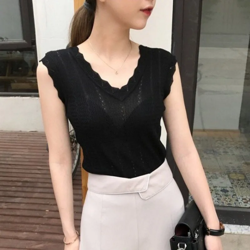 

2019 Elegant Women Blouse Summer Tank top Slim Sexy V Neck Knitted Tops Female t-shirt White Sleeveless Vest Casual Camis