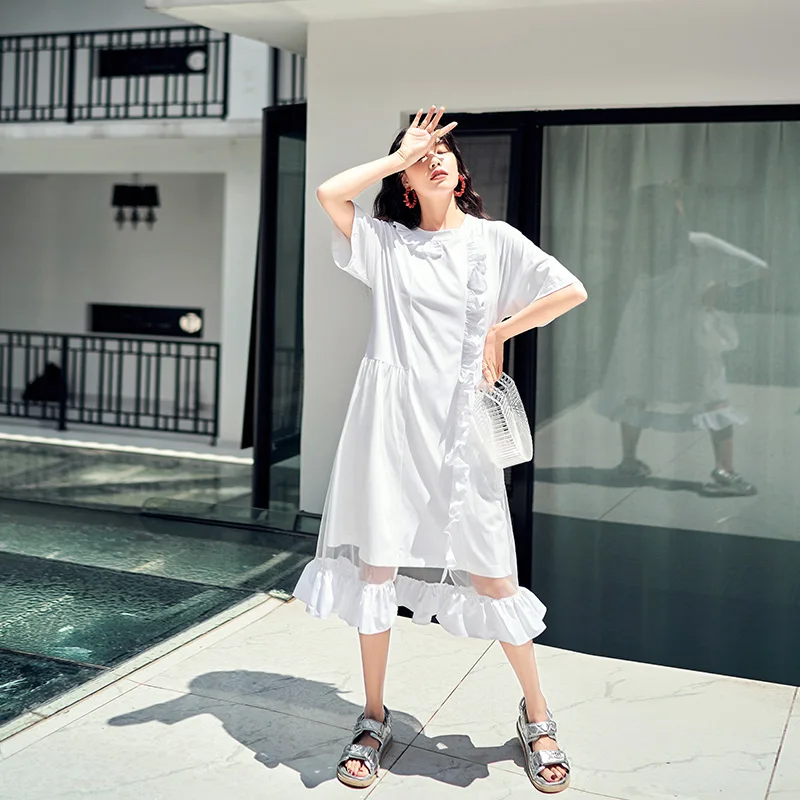 

Summer 2019 Mesh Stitching Fishtail Dress Elegant Women Dress High Street Chiffon A-Line Solid Short Sleeve Dress