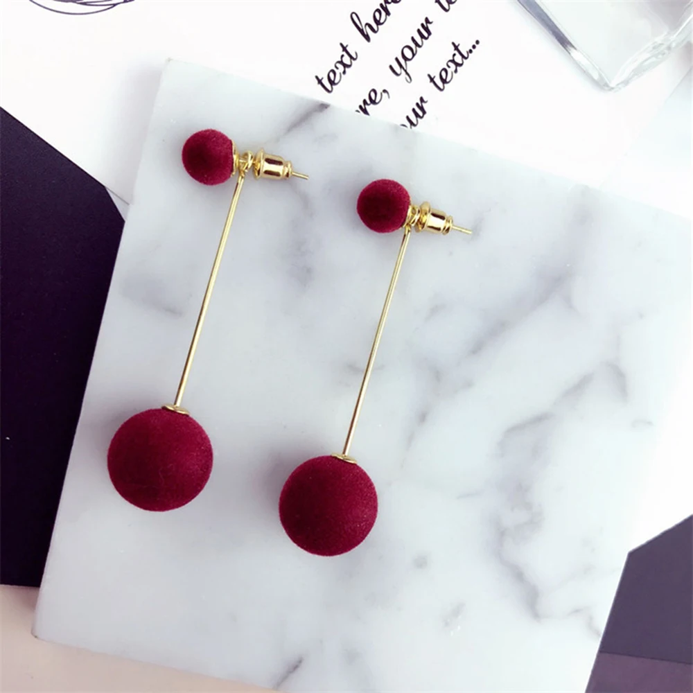 

FNIO Fashion Red Black Plush Ball Drop Earrings For Women Korea Personality Round Long Tassel Earrings Statement Jewelry Gift