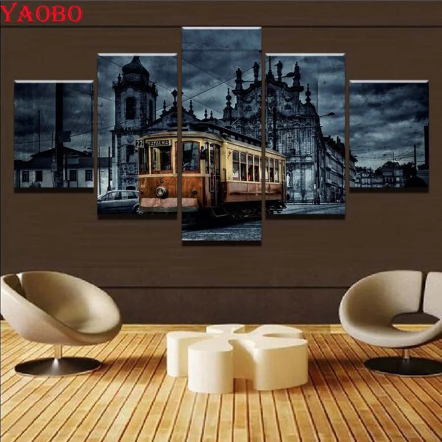 

5 Panel Retro European City Building Tram Painting diamond Painting full square/round 3d embroidery beads cross stitch mosaic