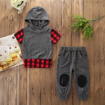 

2019 Fashion Summer Toddler Kids Baby Girls Boys Outfits Clothes Plaid Hooded T-shirt Tops+Pants Set