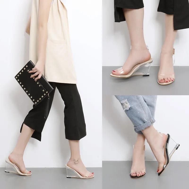 

Womens Open Toe Clear Transparent PVC Ankle Buckle Sandals Wedge High Heels Shoes Pumps Summer Black Sliver A743