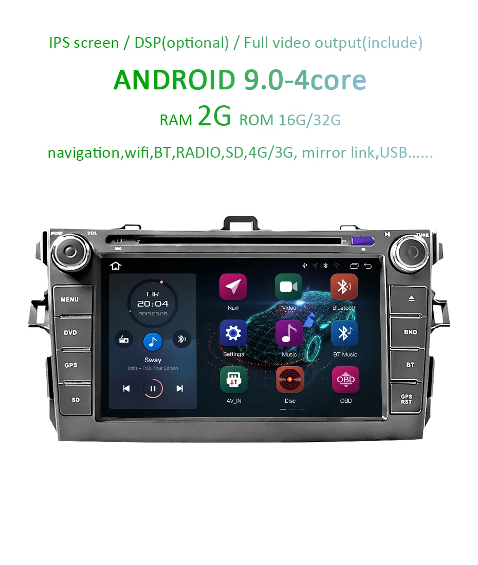 Clearance DSP IPS 4G 64G Android 9.0 AV Output 2 DIN DVD PLAYER For Toyota Corolla 2007 2008 2009 2010 2011 GPS Navigation Stereo Radio 2