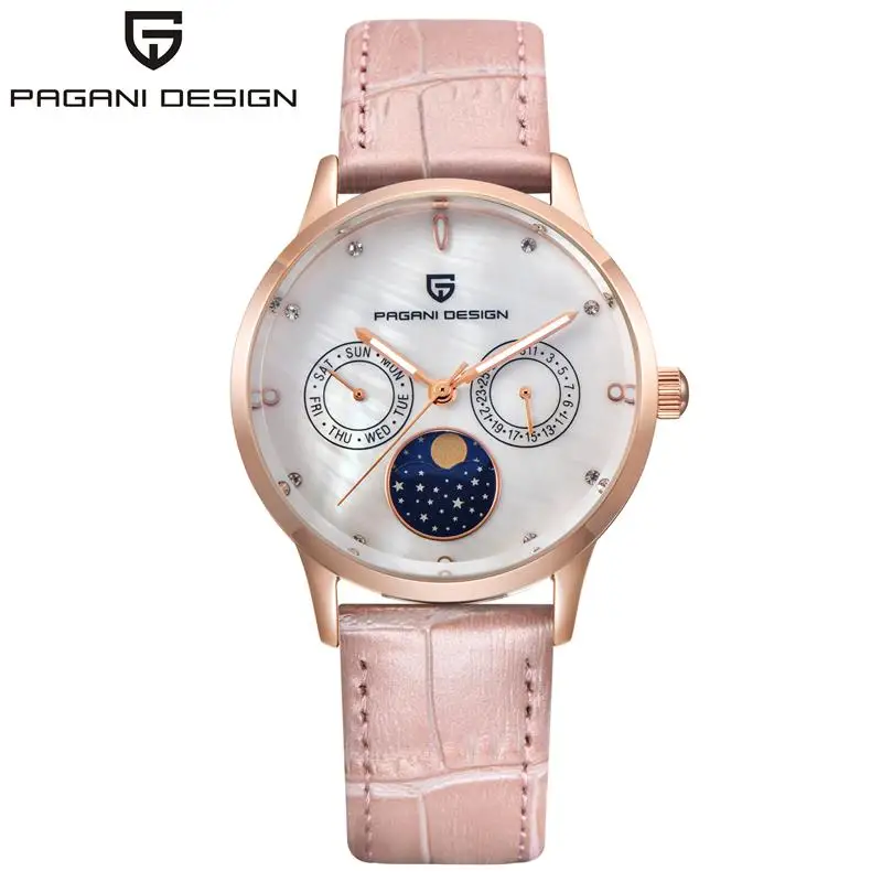 

PAGANI DESIGN Pink Leather Women Watch Fashion Casual Lady Girl Japanese Quartz Auto Date Moon Phase Wristwatches PD-2723L