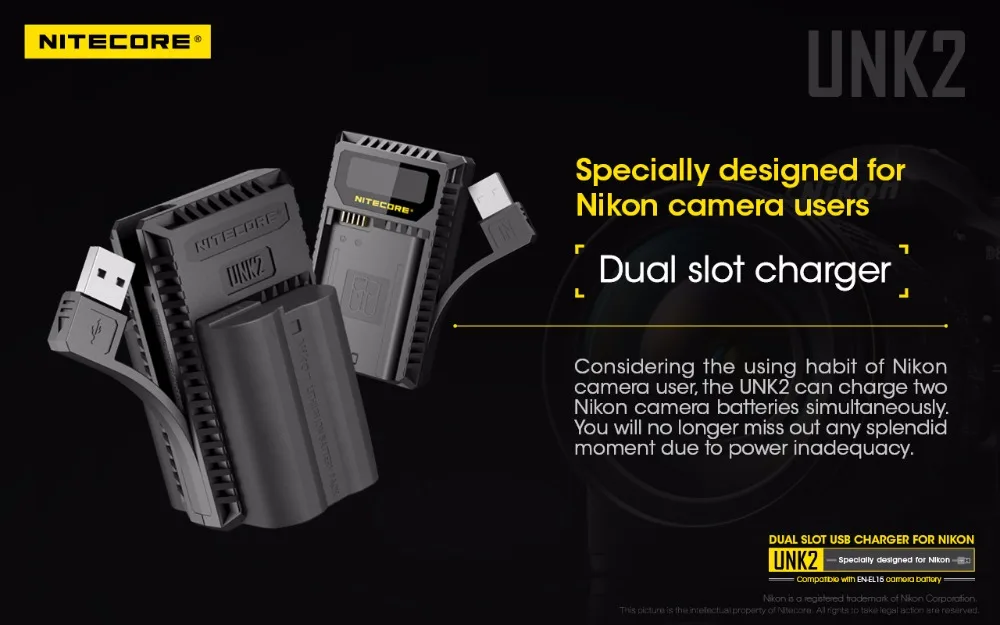 Лучший Nitecore UNK2 цифровой USB Зарядное устройство для EN-EL15 Nikon батареи D610 D750 D800 D800E D810 D810A D850 D7000 D7100 D7200 D7500