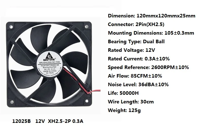 Gdstime 1 шт. 120 мм* 120 мм* 25 мм два мяча DC 12V PC чехол Системы Вентилятор охлаждения 120 мм x 25 мм компьютера охлаждающий вентилятор(12 см); 2-контактный 0.3A 2600 об/мин