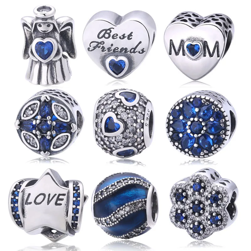 

925 Sterling Silver Charm Blue Crystal Beads Fit Pandora Bracelet For Women berloques para pulsera Original Wholesale Jewelry
