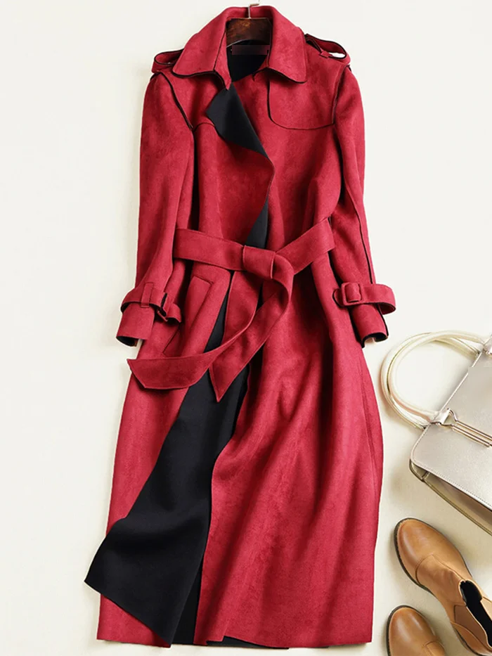 New Autumn Suede Trench Coat Women Mujer Long Elegant Outwear Female Overcoat Slim Red Suede Cardigan Trench