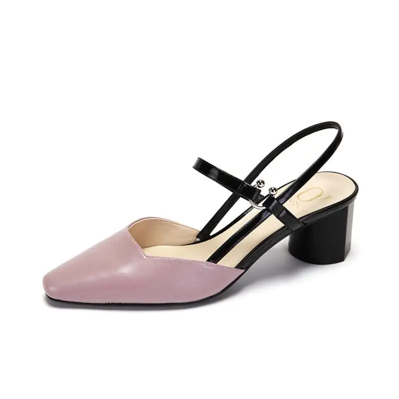 

Spring New Fashion Square Head Coloured Fastener Back Hollow Rough-heeled Shoes Women Pumps office lady Banquet shoes lilace