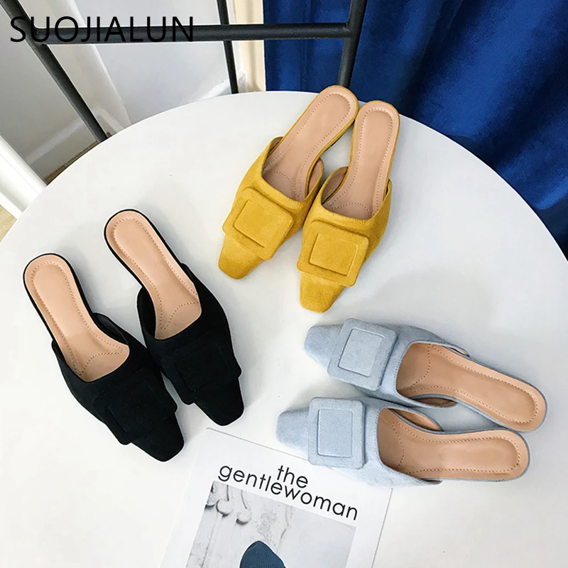 

SUOJIALUN 2019 New Brand Women Mules Slipper Slip On Fashion Buckle Slides Luxury Slippers Ladies Elegant Flat Heels Sandals