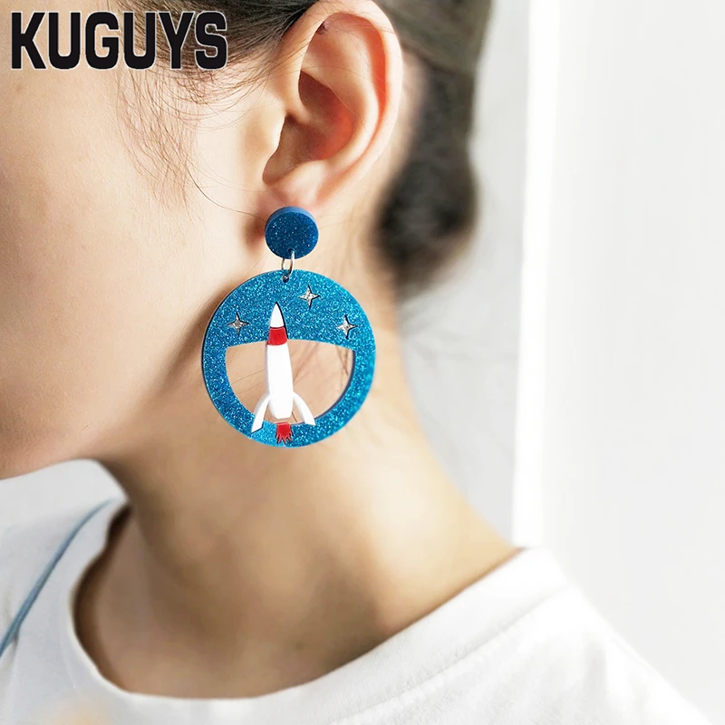 

KUGUYS Round Acrylic Hollow Out Large Drop Earring for Women Fashion Jewelry Rockets Cat Penguin Dangle Earrings