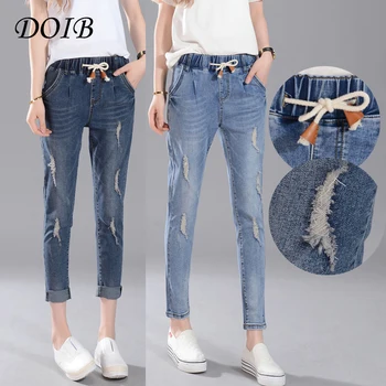 

DOIB 2018 Pencil Pants Vintage Mid Waist Jeans Womens Pants Full Length Pants Loose Ccowboy Pants Plus Size 5XL 6XL