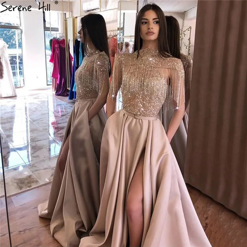 

Dubai Gold High Neck Sparkle Evening Dresses 2019 Latest Design Sleeveless Tassel Beading Evening Gowns Serene Hill LA60998