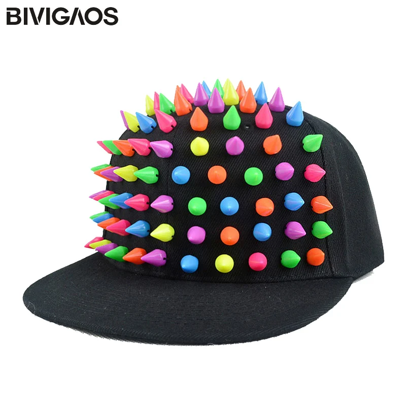 

New Fashion Multicolour Rivet Punk Snapback Caps Hip hop Cap Baseball Caps Rainbow Colorful Rivets Popular Hip hop hat Men Women