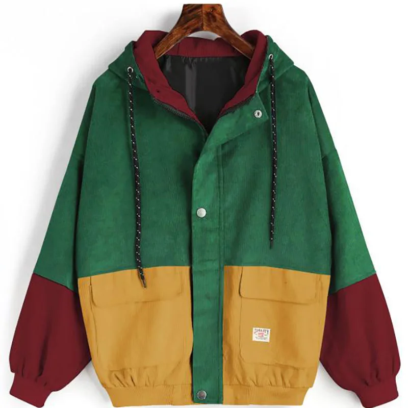 2019 Korean version of the college wind student loose color matching hooded baseball uniform corduroy tooling jacket female spot