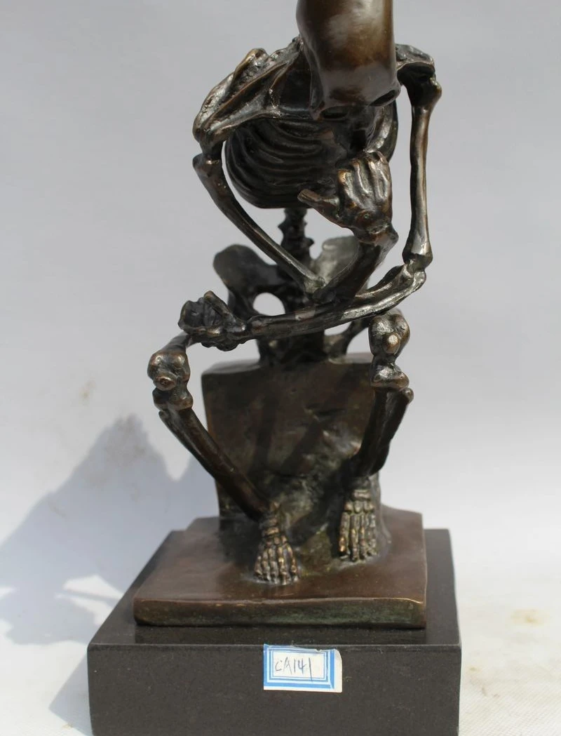

9"Western Bronze Marble Art Statue Skull SKELETON THINKER