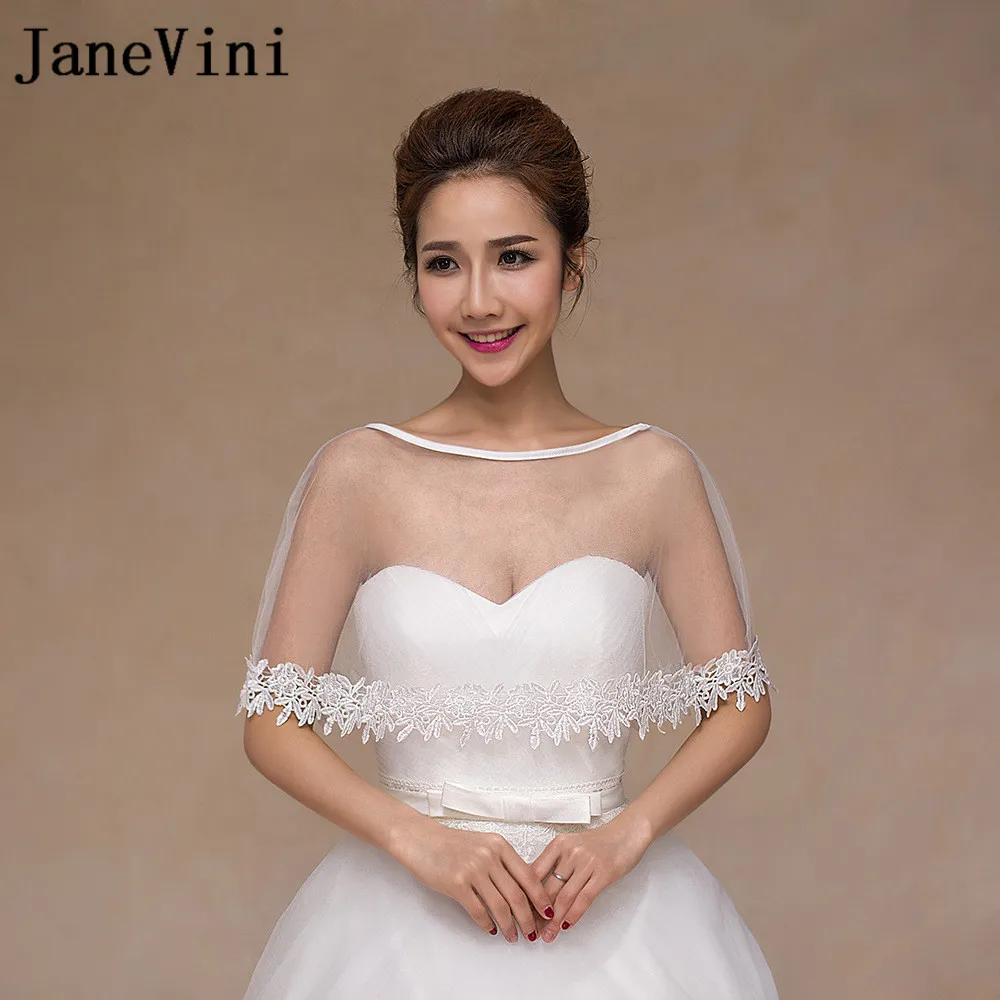 

JaneVini 2018 Simple White Bolero Women Bridal Cape Lace Bohemia Summer Shawl Wraps Wedding Accessories Evening Capes Spring