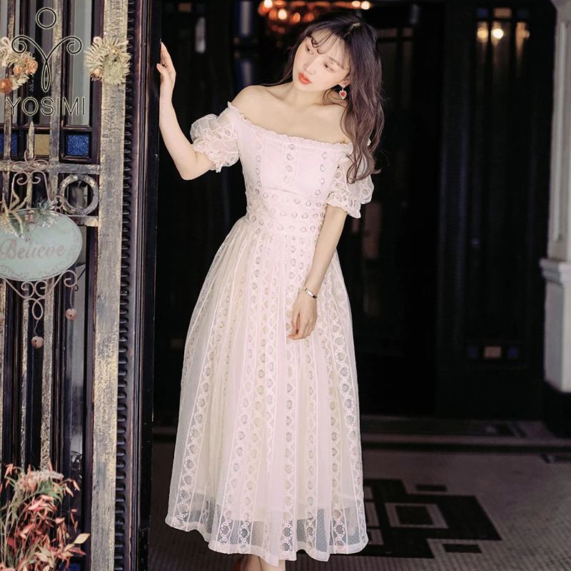

YOSIMI 2019 Summer Beige Lace Women Dress Vintage Midi Dress Women Short Sleeve Off The Shoulder Evening Party Female Mid-calf