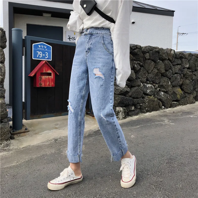 S xl 2019 корейский шик Стиль Высокая талия рваные джинсы для женщин Свободные