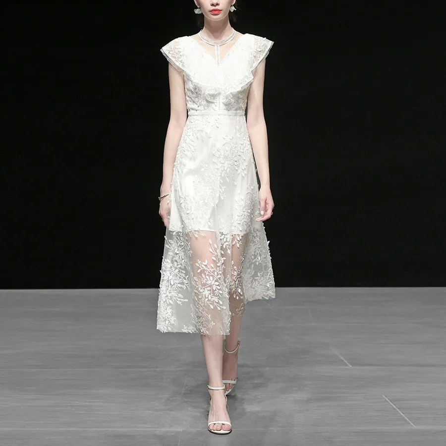

Runway Dresses 2019 Women High Quality Floral Embroidery Long Dress Short Sleeve Beading Ruffles Elegant Dresses Party Vestidos