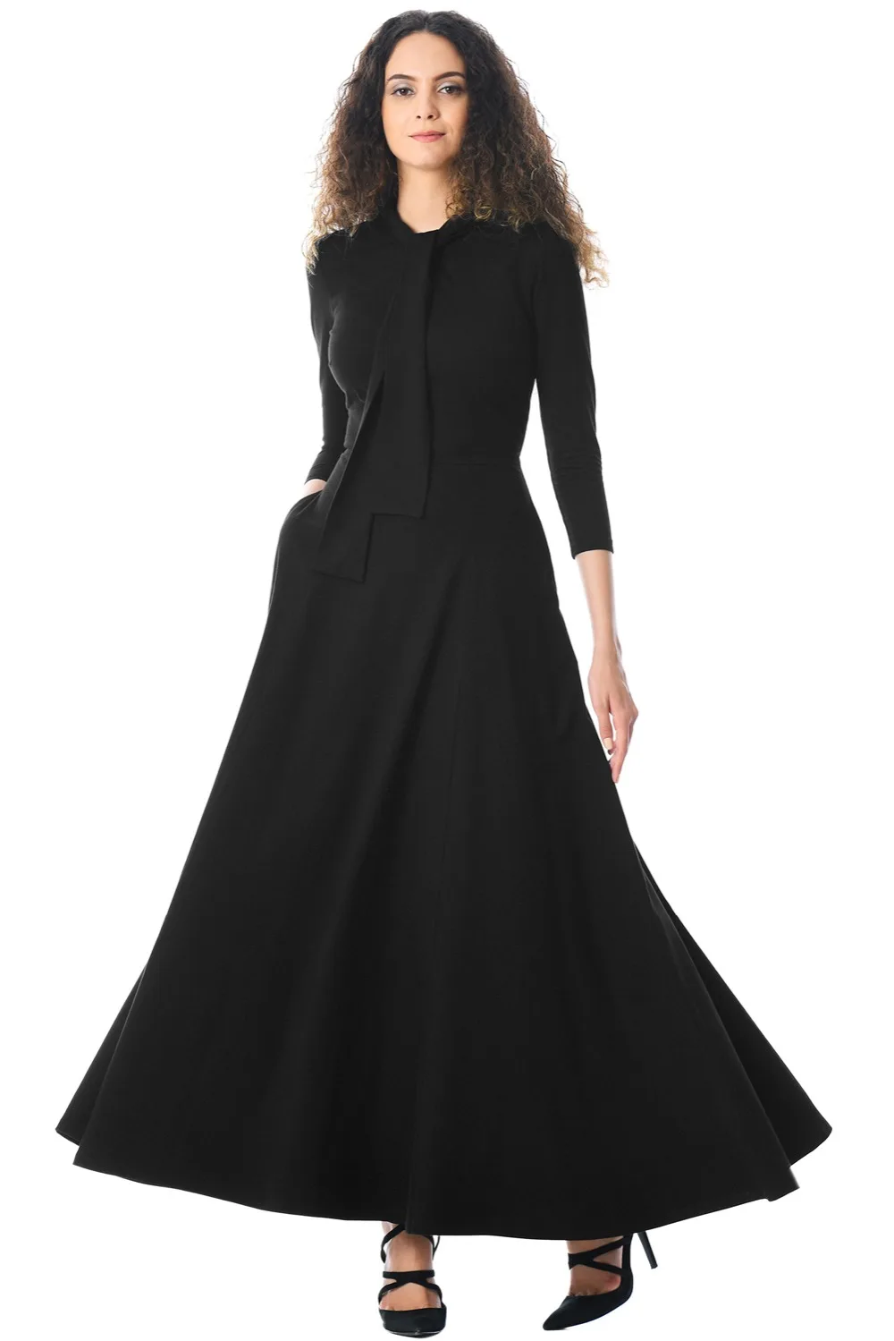 Black-Pocketed-3-4-Sleeves-Tie-Neck-Maxi-Dress-LC610398-2-1