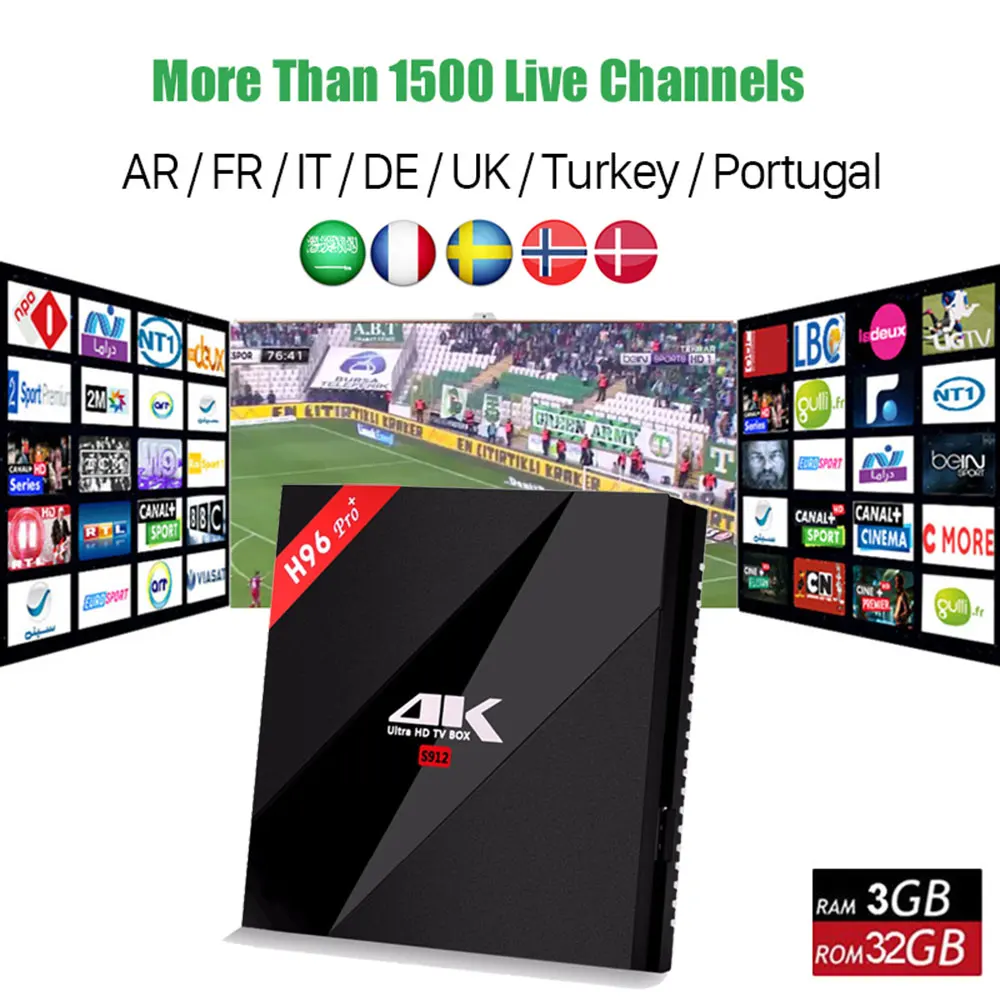 

Best French Arabic Spain Turkish IPTV With H96 Pro+ Android 7.1 Smart Tv Box Amlogic S912 Octa core 3GB/32GB WIFI Set Top Box
