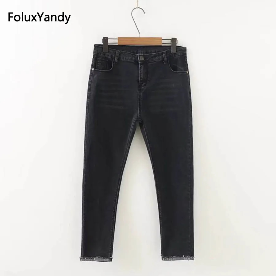 Kopen Black Denim Jeans Vrouwen Plus Size 3 4 XL Toevallige Slanke Elastische Manchetten Toevallige Potlood Broek Broek KKFY420