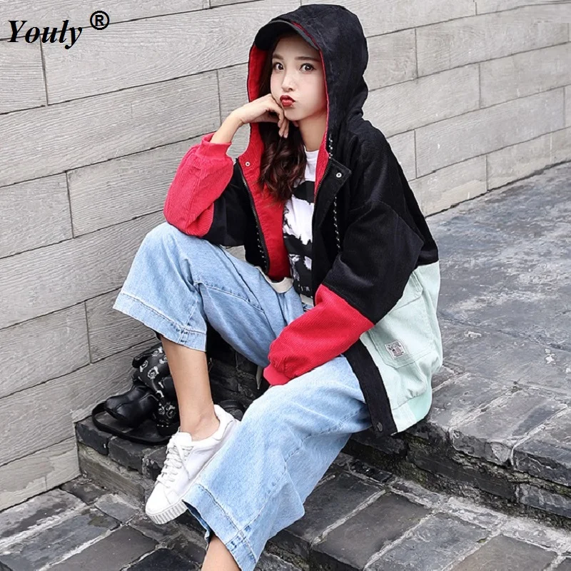 

Winter Warm Color Block Hooded Corduroy Jacket Drawstring Hit Color Patched Pocket Thick Basic Women Coat Harajuku Outerwear