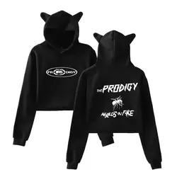 Металл рок группа The Prodigy КИТ Флинт укороченная Толстовка забавные кошачьими ушками с капюшоном укороченная Толстовка Короткие пуловеры