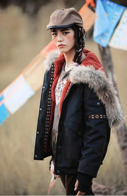 Cheap Aporia.As Winter New Original Design Ethnic Warm Long Sleeve Embroidery Cotton-Padded Short Jacket Raccoon Fur Wadded Jacket