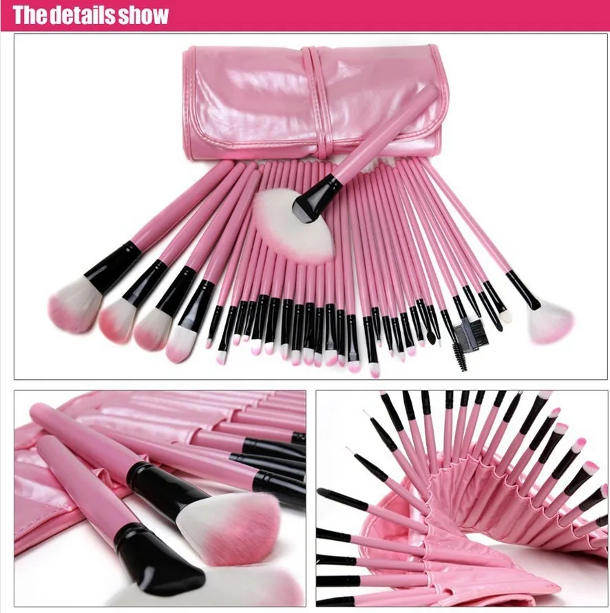 

32 PCS Pink Wool Makeup Brushes Tools Set with PU Leather Case Cosmetic Facial Make up Brush Kit Free Shipping