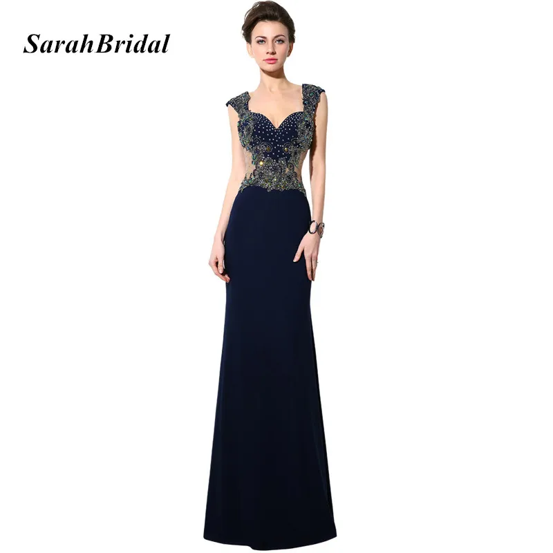 

Elegant Navy Blue Lycra A-Line Evening Dresses Cap Sleeves 2017 Fashionable Handemade Beading Formal Gowns