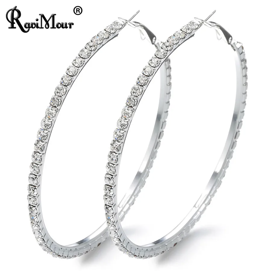 

RAVINOUR 40/50/60mm Big Hoop Earrings for Women Classic Pendientes Mujer Moda 2018 Punk Ear Jewelry Rhinstone Girls Party Earing