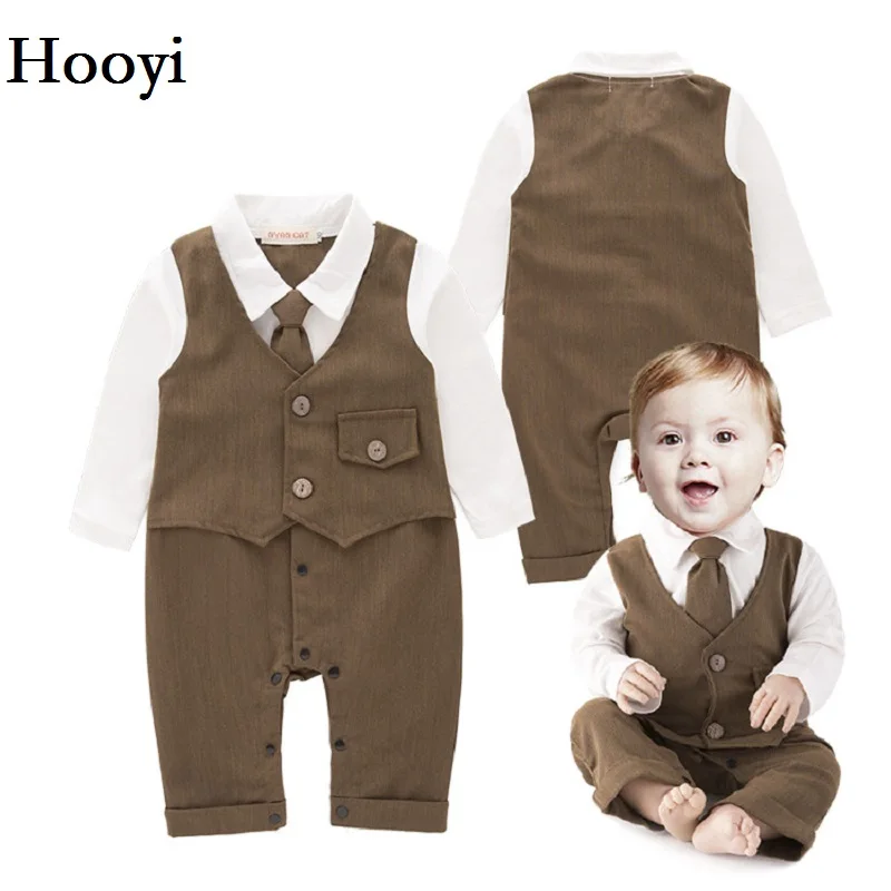 

2018 Spring Long Sleeve Baby boys clothes Tie Handsome Baby Rompers Beige Fashion Infant Tuxedo Party Costumes Top Quality