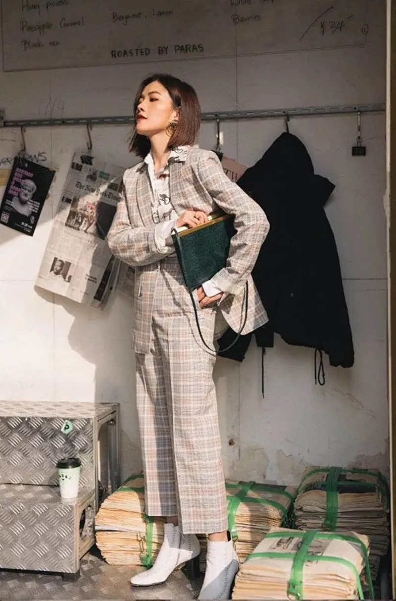 

2019 New Women Wool Plaid Blazer Suit Coat and Pants Set Office Lady